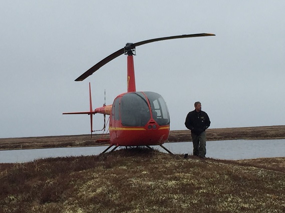 Robinson R44 helicopter and pilot Shannon Glenn as he waits for us to return from a shorebird survey © Richard Lanctot
