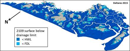Three-dimensional Digital Terrain Model of the Rajang delta in 2009 and 2109    with the surface below drainage limited projected in blue. © Wetlands International 2014